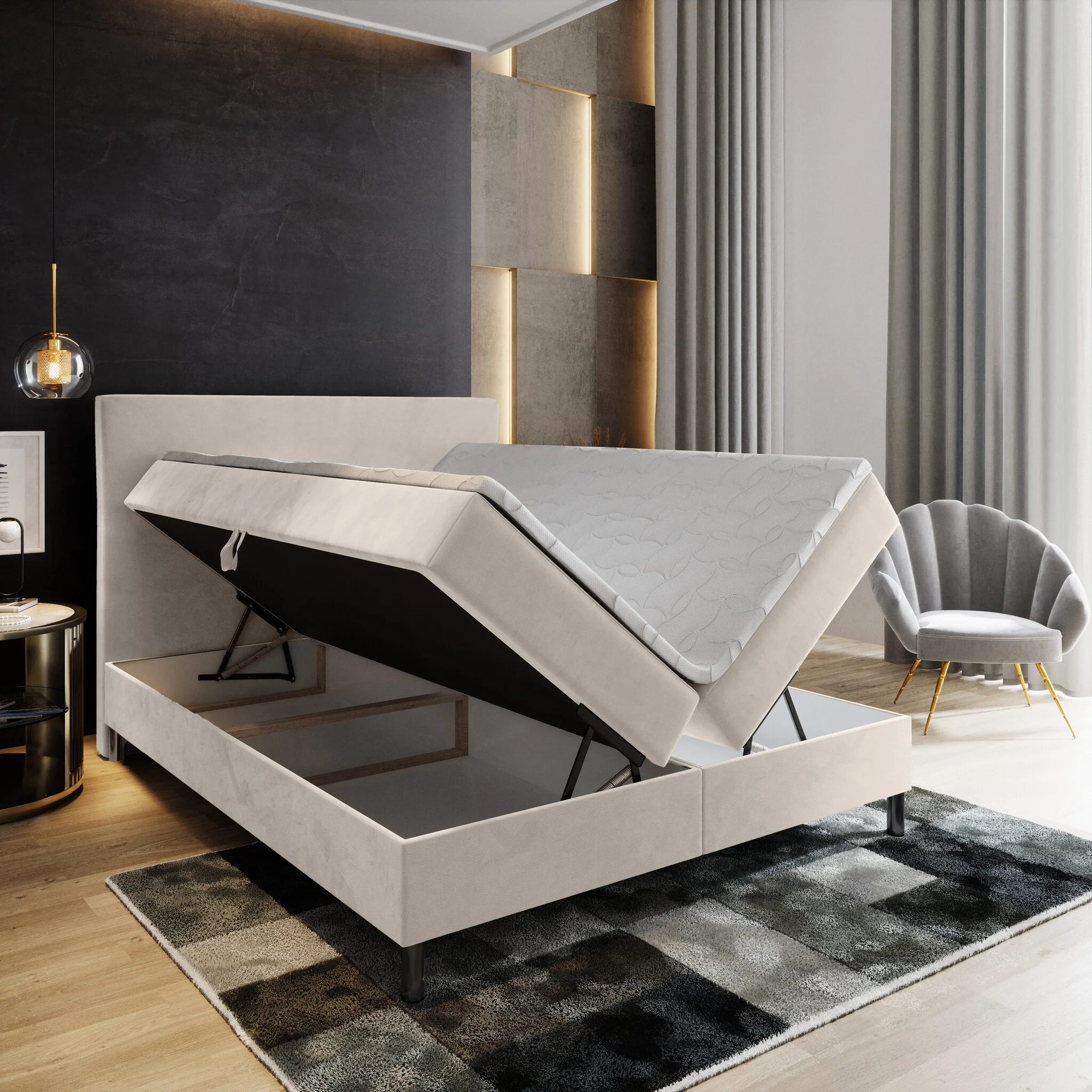RETOURDEAL Opberg Boxspring 180 x 200 - Naturel/Beige | Hoofdbord Basic (Bodemplaat beschadigd)