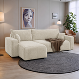 ACTIE Hoekbank Ribstof Creme - Slaapbank met opbergruimte - Pim L