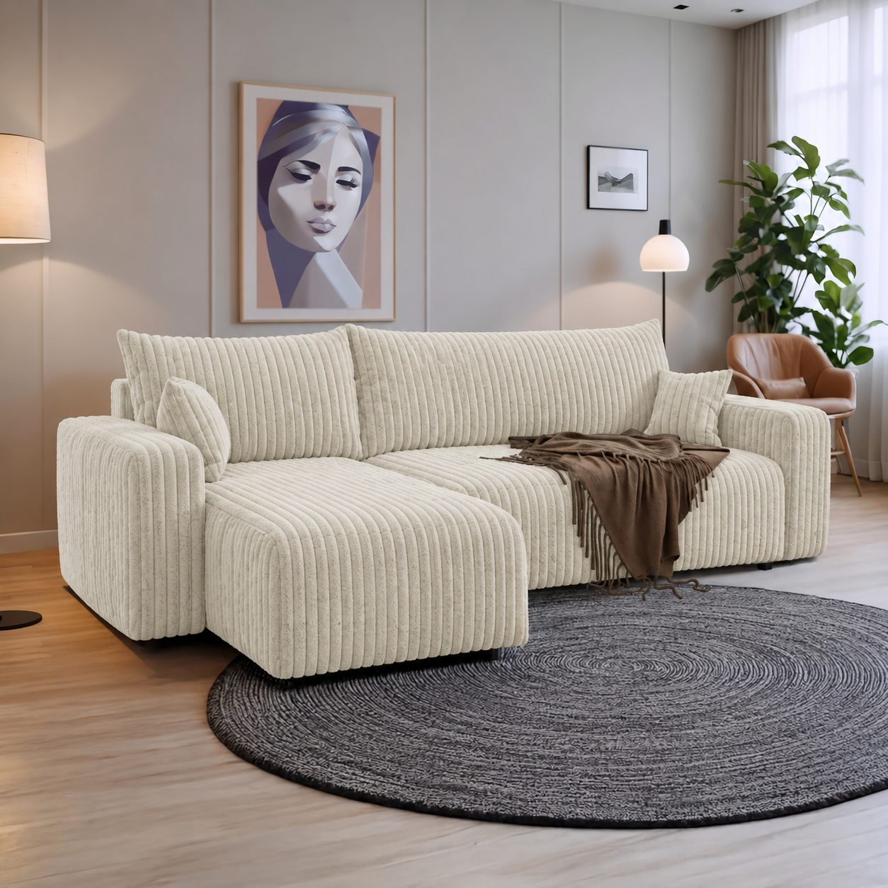 ACTIE Hoekbank Ribstof Creme - Slaapbank met opbergruimte - Pim L