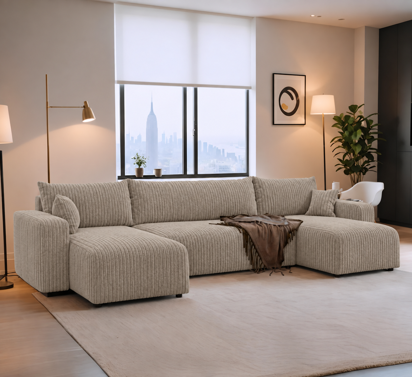 ACTIE U-bank Ribstof Beige - Slaapbank met opbergruimte - Piano U