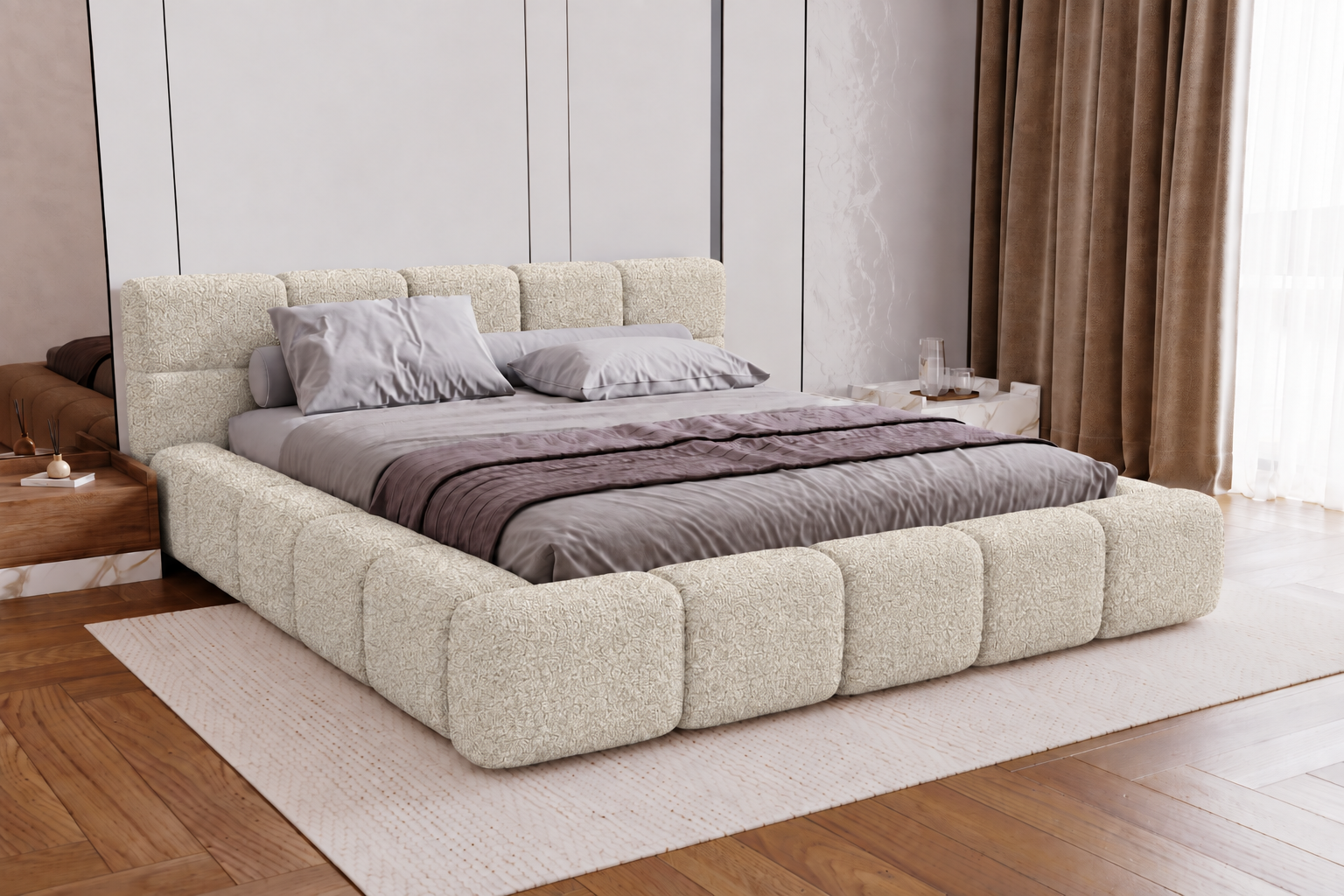 ACTIE Bedframe 200 x 200 - Teddystof Creme | Coco - Zonder Matras + Zonder lattenbodem