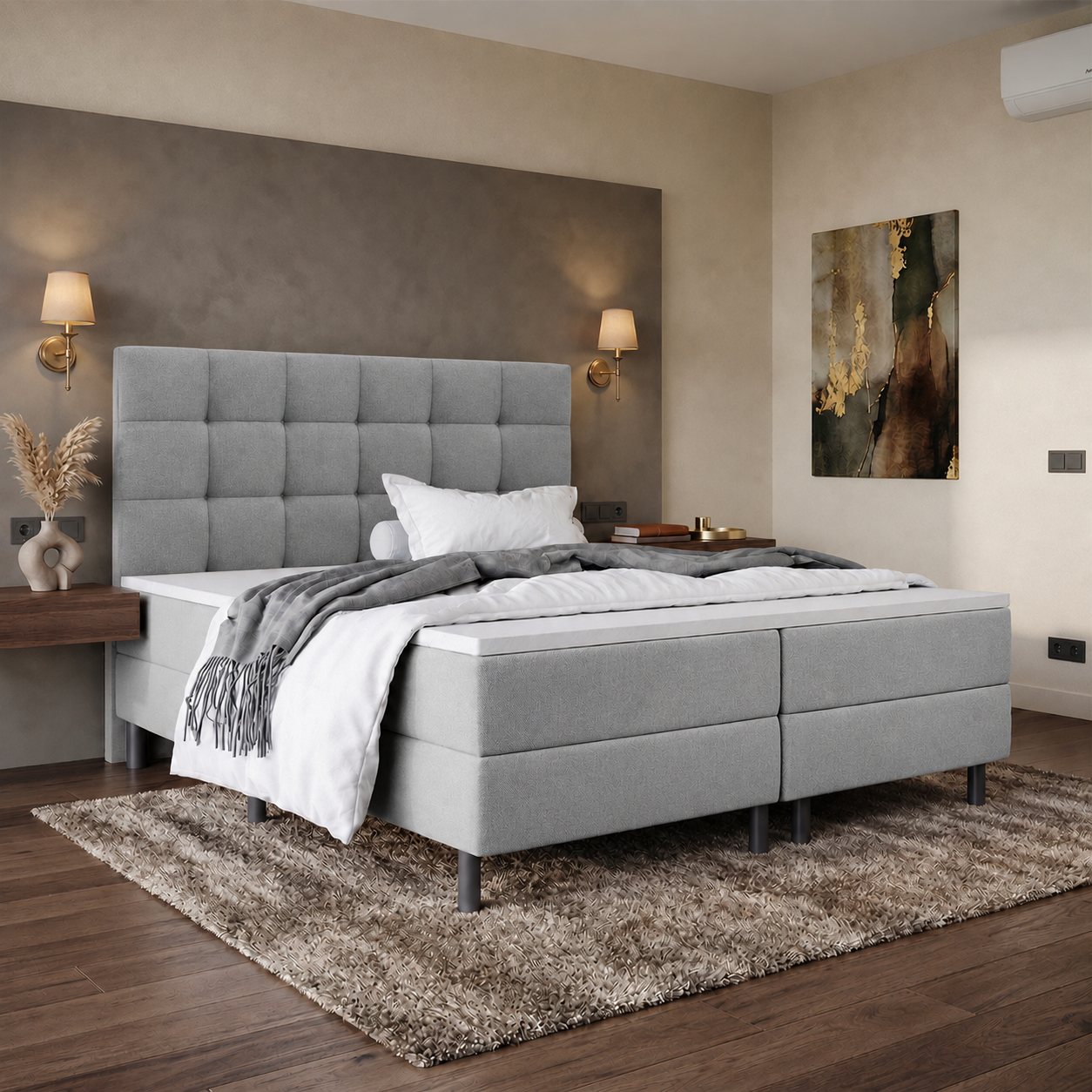 ACTIE vlakke Boxspring 180 x 200 - Stof Grijs | Hoofdbord Dubai - 1x Groot Pocketveringmatras