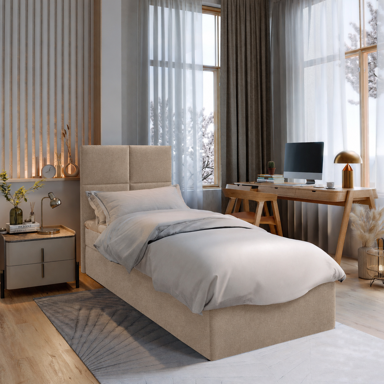 ACTIE Opbergboxspring 90 x 200 - Stof Taupe | GRATIS TOPPER + Medium Pocketmatras tot 110 kg + Hoofdbord Levi