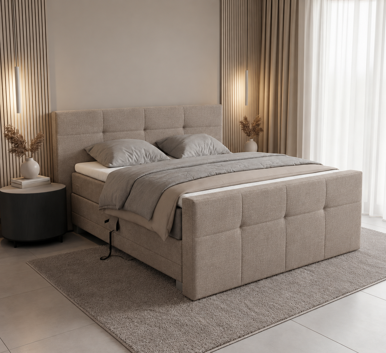 ACTIE Elektrische Boxspring President - Chenille Taupe - 180 x 200 | incl. Hoofd-, en Voetbord Capiton + Bedbank