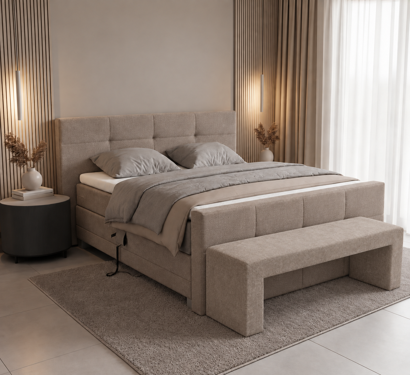 ACTIE Elektrische Boxspring President - Chenille Taupe - 180 x 200 | incl. Hoofd-, en Voetbord Capiton + Bedbank