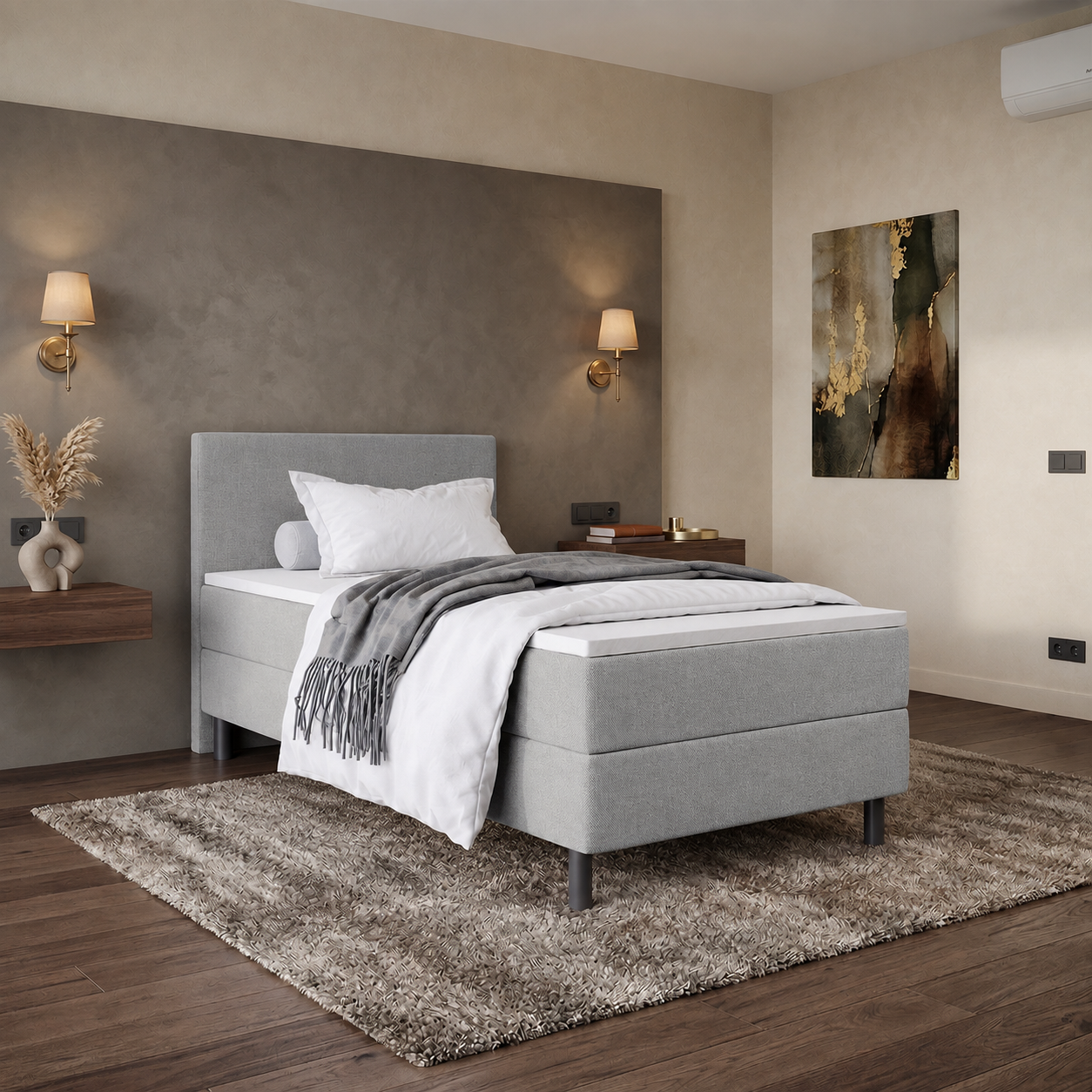 RETOURDEAL Boxspring 90 x 200 - Stof Grijs | Kleurverschil aanwezig - Hoofdbord Basic incl. GRATIS topmatras (Niet in originele verpakking + Kans op stofschade)