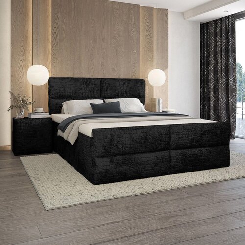 ACTIE Vlakke boxspring 180 x 210 Velvet Croco Zwart | Incl. Croco Voetbord + Luxe Pocketvering boxen + 1x Groot Stevig Pocketmatras tot 120 kg