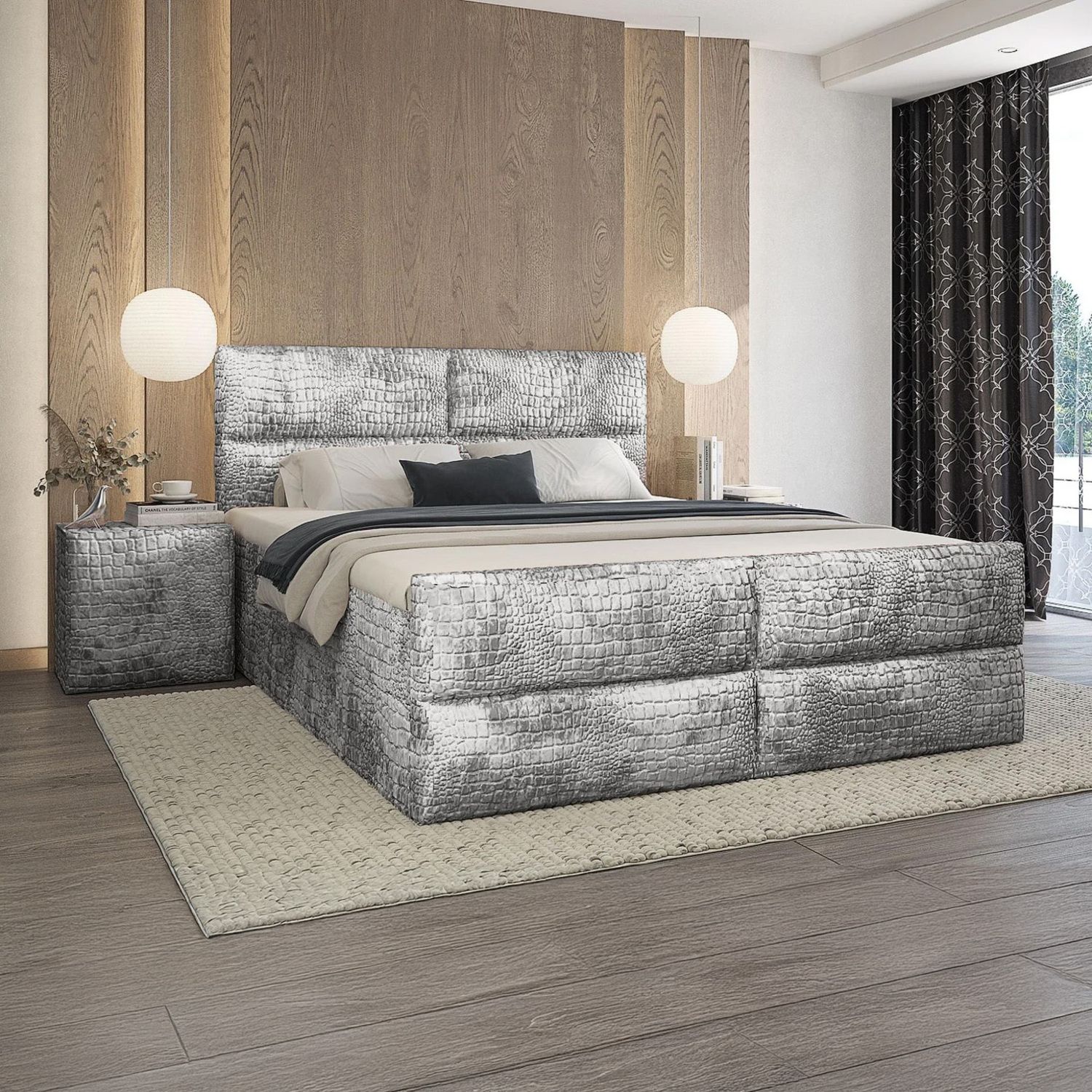 ACTIE Vlakke boxspring 180 x 200 Velvet Croco Zilver | Incl. Croco Voetbord + 1x Medium & 1x Stevig Pocketmatras tot 120 kg - GRATIS TOPPER