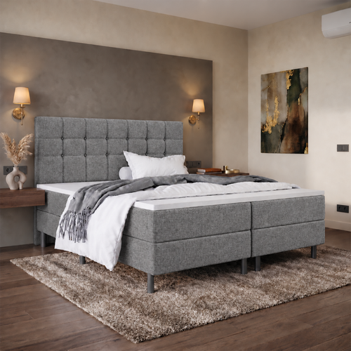 ACTIE vlakke Boxspring 180 x 200 - Stof Grijs | Hoofdbord Dubai - 1x Groot Pocketveringmatras