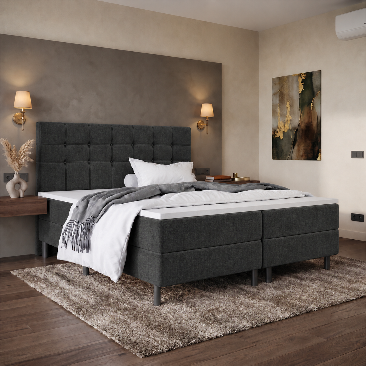 ACTIE Vlakke boxspring 180 x 200 Stof Antraciet | Incl. Voetbord Austin + 1x Medium & 1x Stevig Matras Pocketvering tot 160 kg + 2x Hockers met lade & Dekenkist