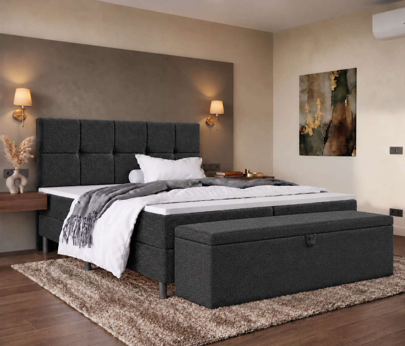 ACTIE Vlakke boxspring 180 x 200 Stof Antraciet | Incl. Voetbord Austin + 1x Medium & 1x Stevig Matras Pocketvering tot 160 kg + 2x Hockers met lade & Dekenkist