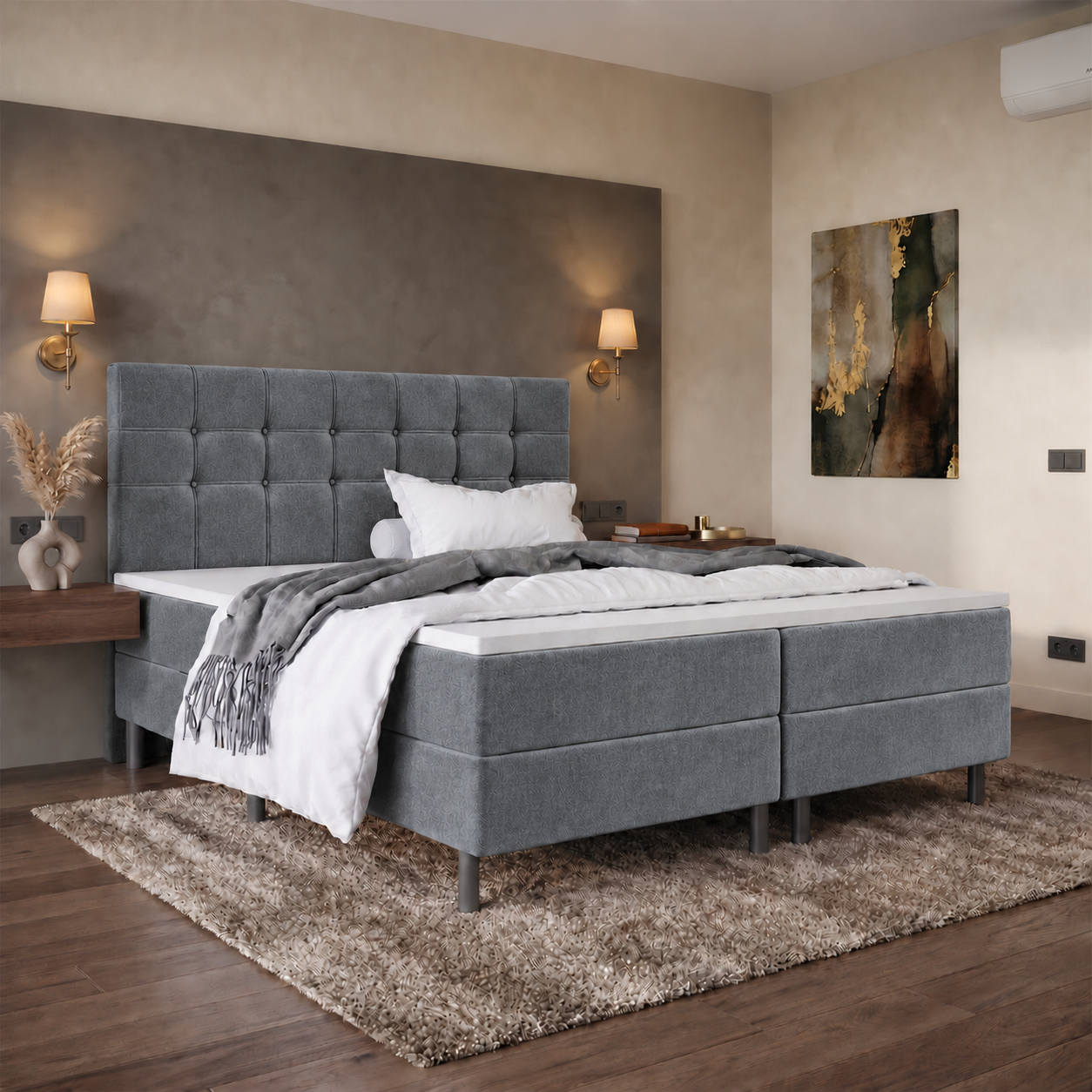 ACTIE Vlakke boxspring 180 x 210 Velvet Grijs | Dubai + 30 cm Hoge boxen + 2x Matras Stevig Pocketvering tot 140 kg
