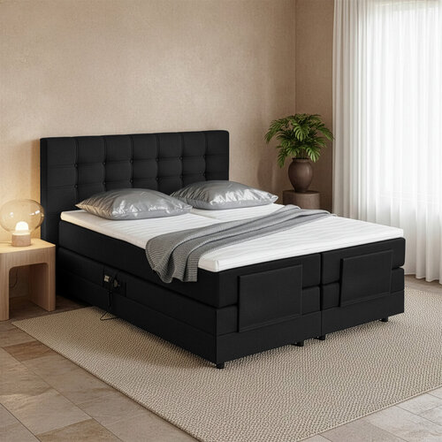ACTIE Elektrische Boxspring Delux 160 x 220 - Stof Zwart | King - Pocketvering Matrassen