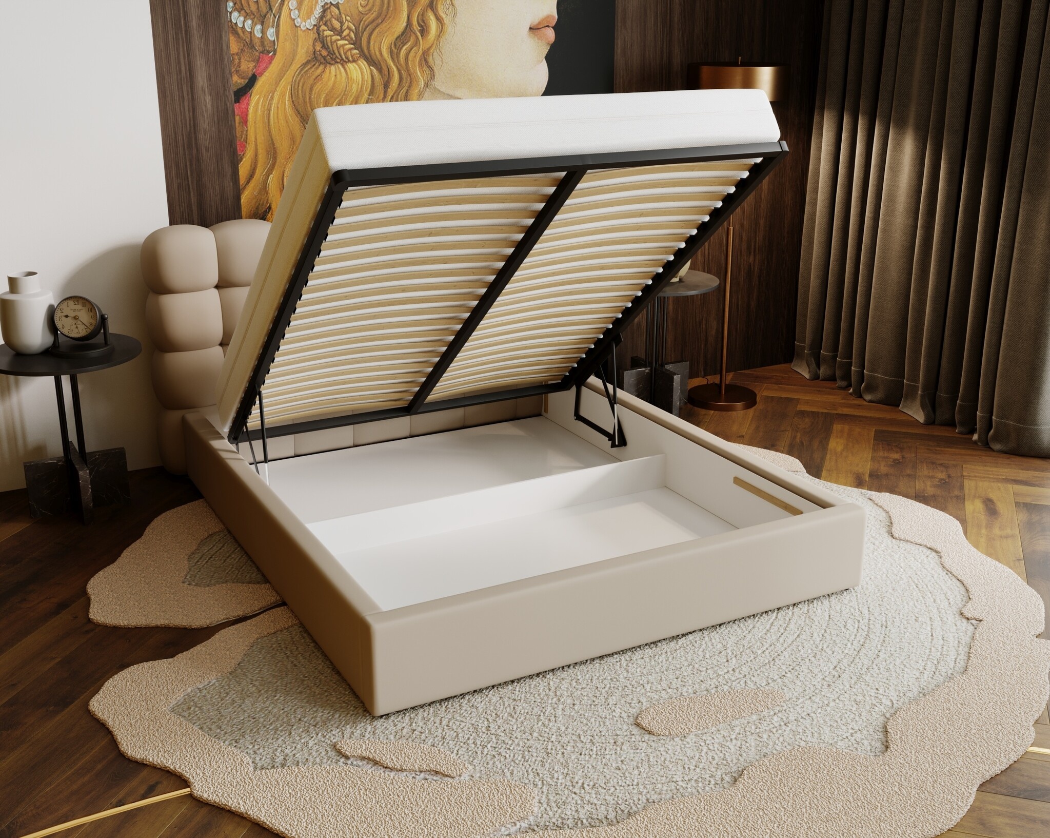 ACTIE Opbergbed 160 x 200 - Stof Beige | Olivio - Zonder Matras + Metaal incl. gasdrukveren