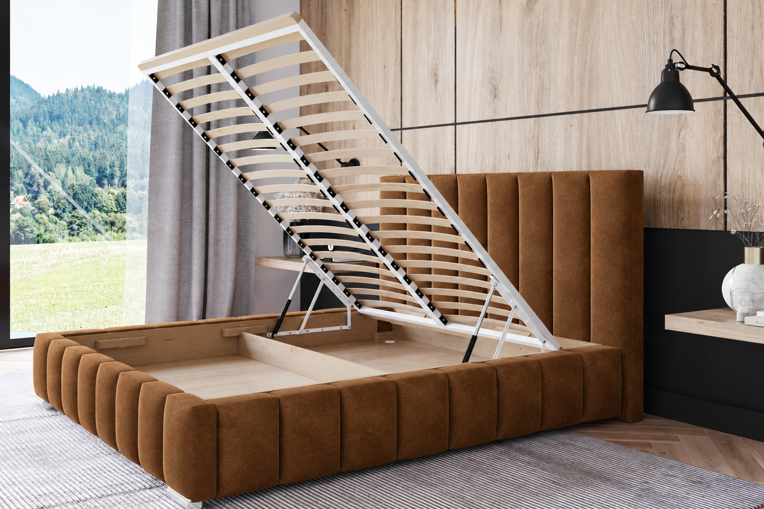 ACTIE Opbergbed 160 x 200 - Suede Cognac | Abel - Zonder Matras + Metaal incl. gasdrukveren