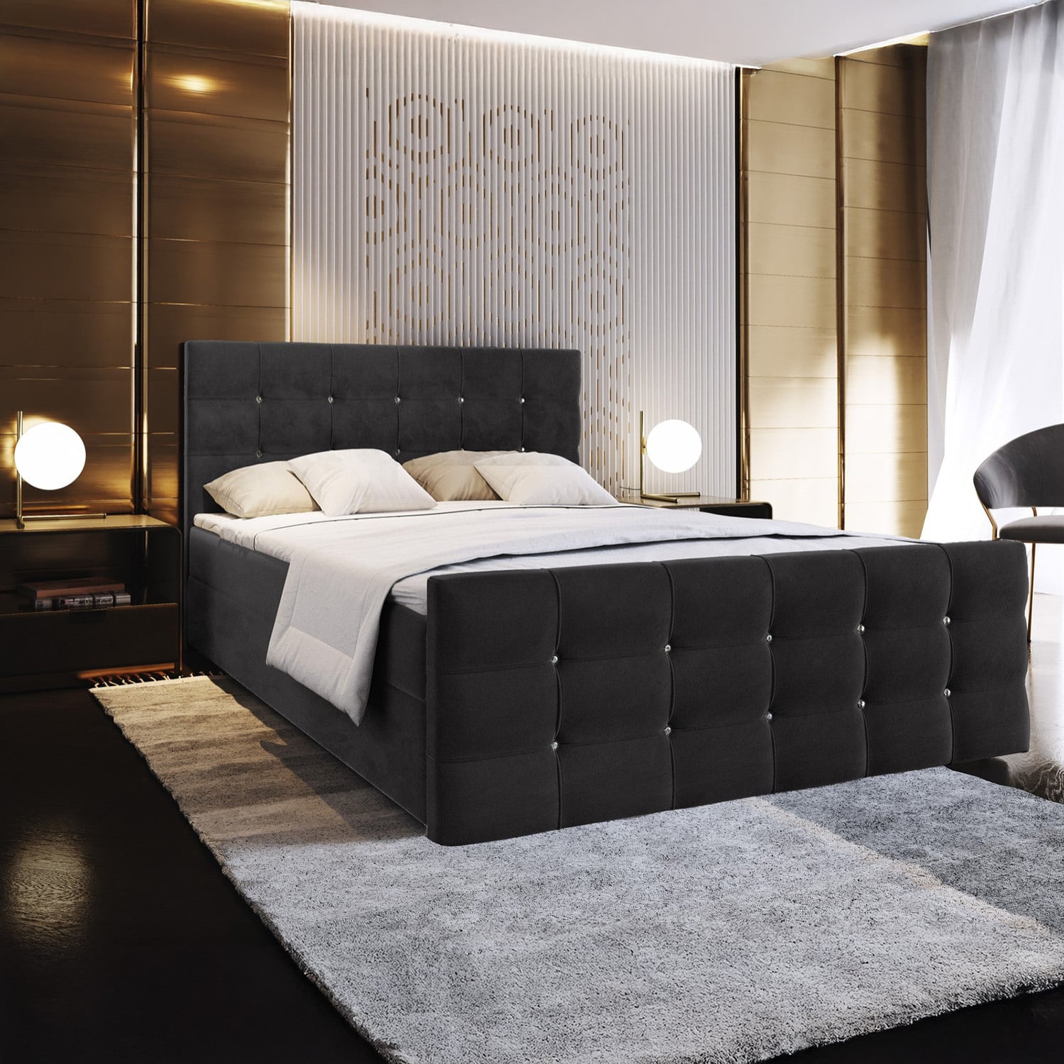 ACTIE Opbergboxspring 140 x 200 - Stof Zwart | Incl. Voetbord Diamond - GRATIS TOPPER