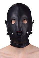 Master Series PREMIUM LEATHER HOOD WITH BLINDFOLD AND BREATHABLE BALL GAG