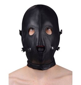 Master Series PREMIUM LEATHER HOOD WITH BLINDFOLD AND BREATHABLE BALL GAG