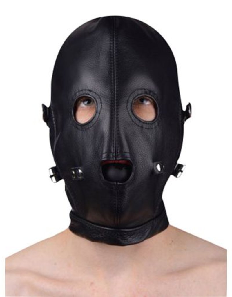 Master Series PREMIUM LEATHER HOOD WITH BLINDFOLD AND BREATHABLE BALL GAG