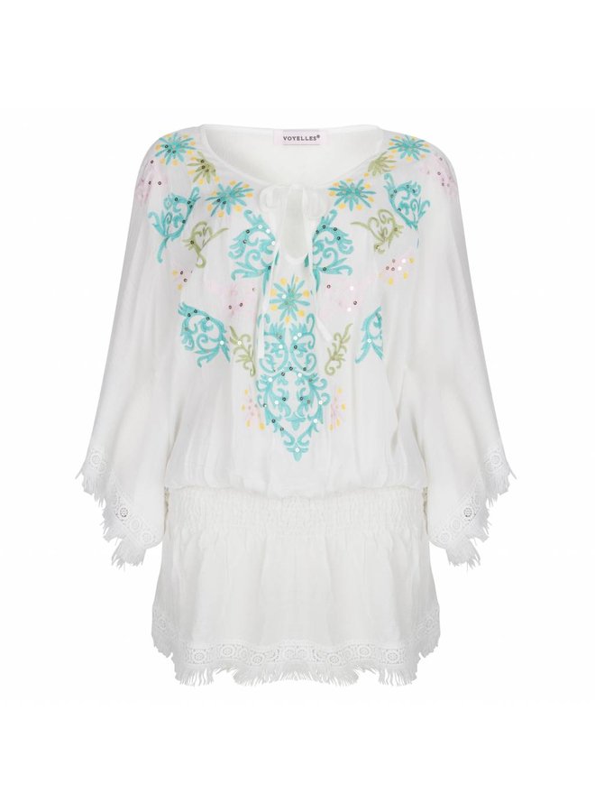 Boho ibiza festival flower tuniek  -white