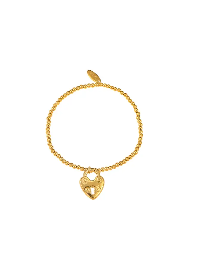 By shir gouden elastische armband met een hart slotje