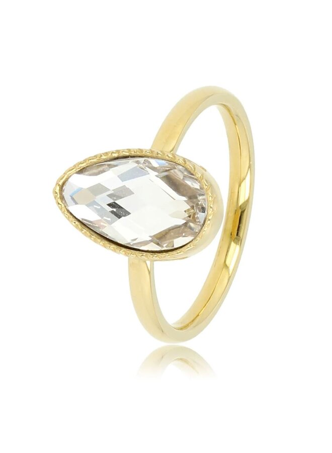 My Bendel gouden twisted ring - witte kristalsteen druppel