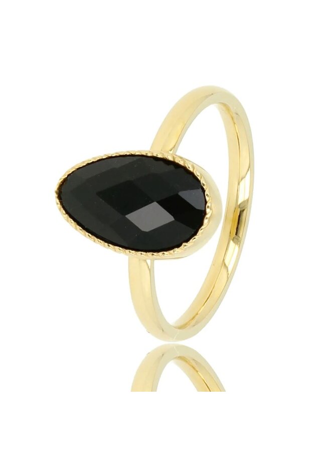 My Bendel gouden twisted ring - zwarte kristalsteen druppel