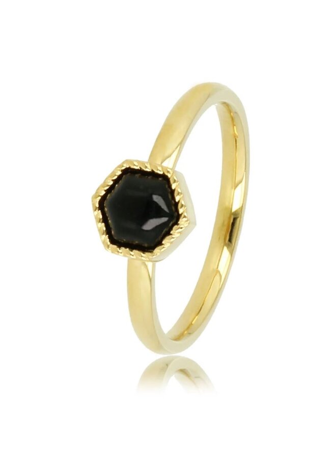My Bendel gouden zeshoekig ring - zwart glassteen
