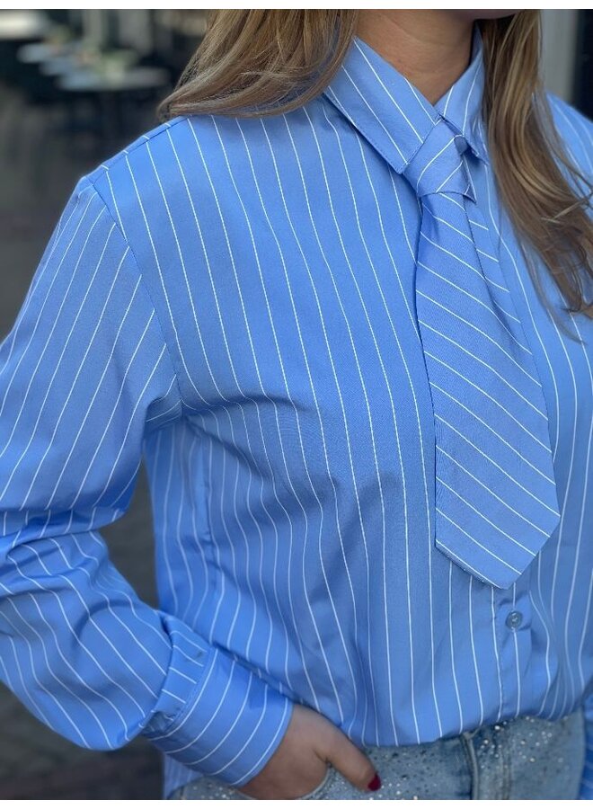 Blauw gestreepte blouse met stropdas