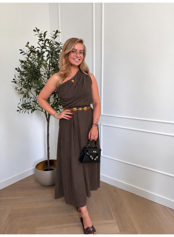 One shoulder dress - donkerbruin