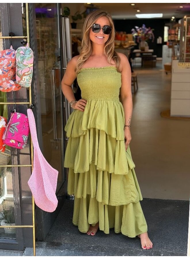 Strapless jurk met ruffles - olijfgroen