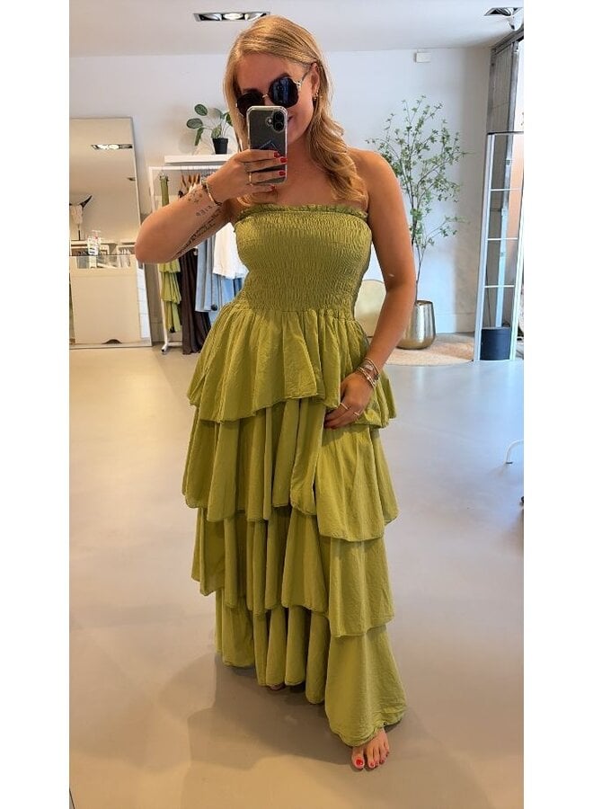 Strapless jurk met ruffles - olijfgroen