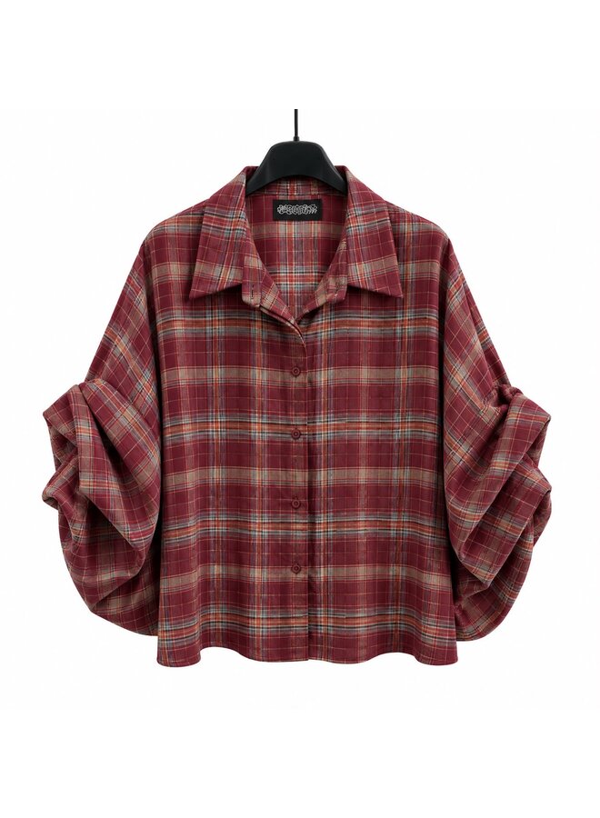 Geruite blouse met ballonmouw - bordeaux