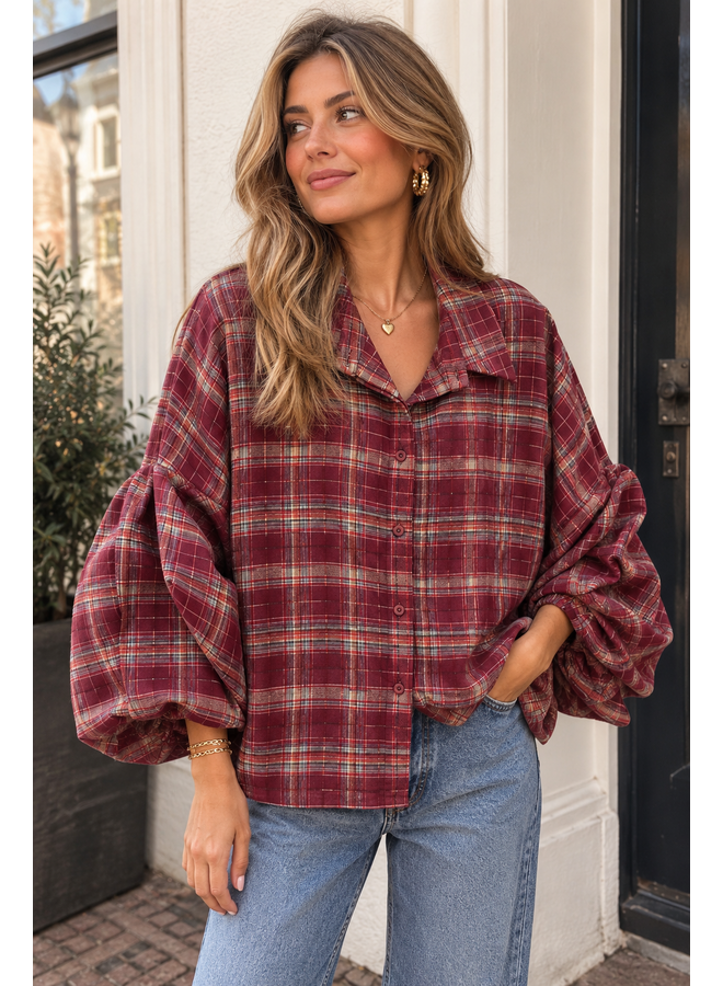 Geruite blouse met ballonmouw - bordeaux