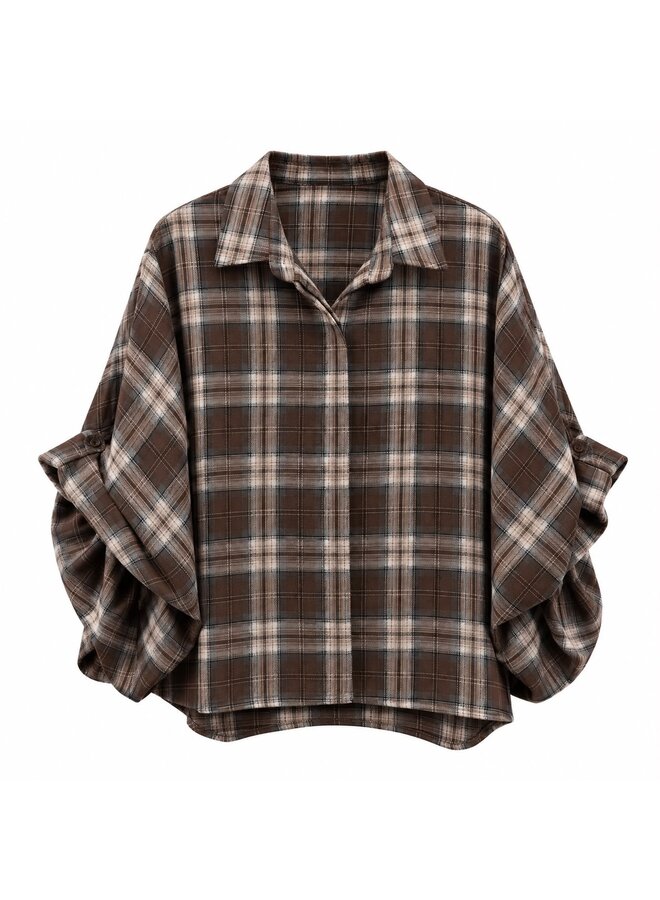 Geruite blouse met ballonmouw - donkerbruin