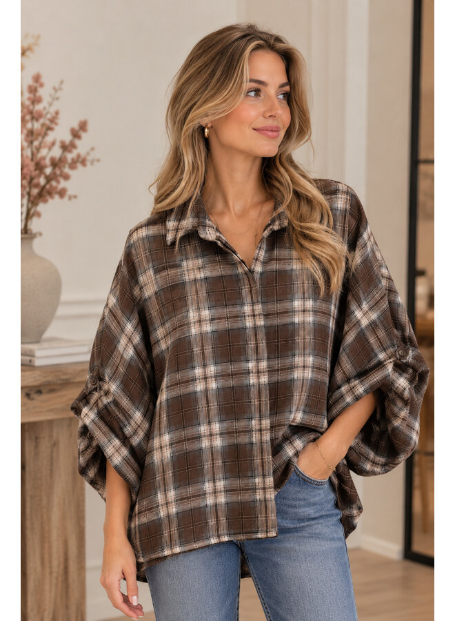 Geruite blouse met ballonmouw - donkerbruin
