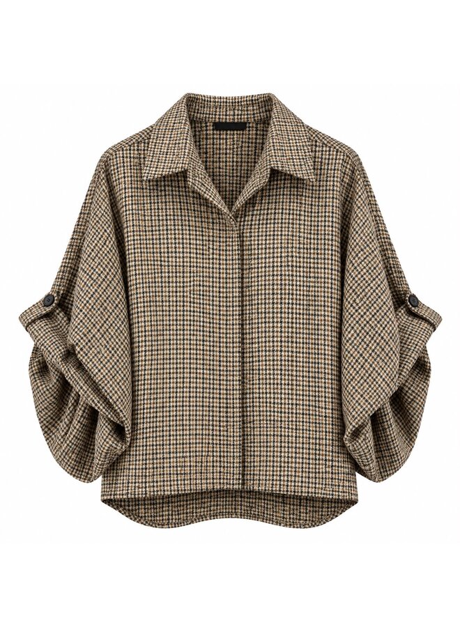 Geruite blouse met ballonmouw - camel