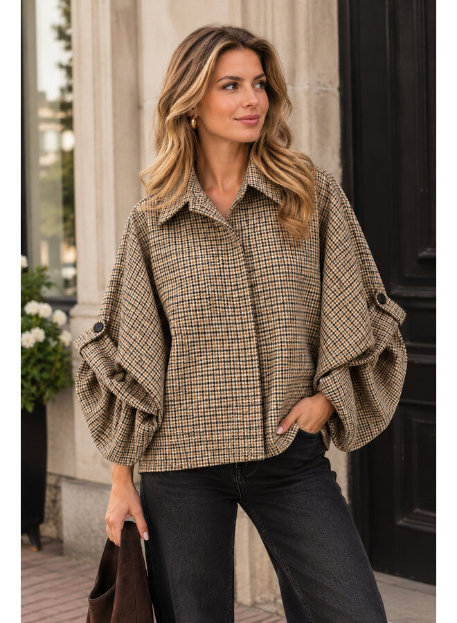 Geruite blouse met ballonmouw - camel