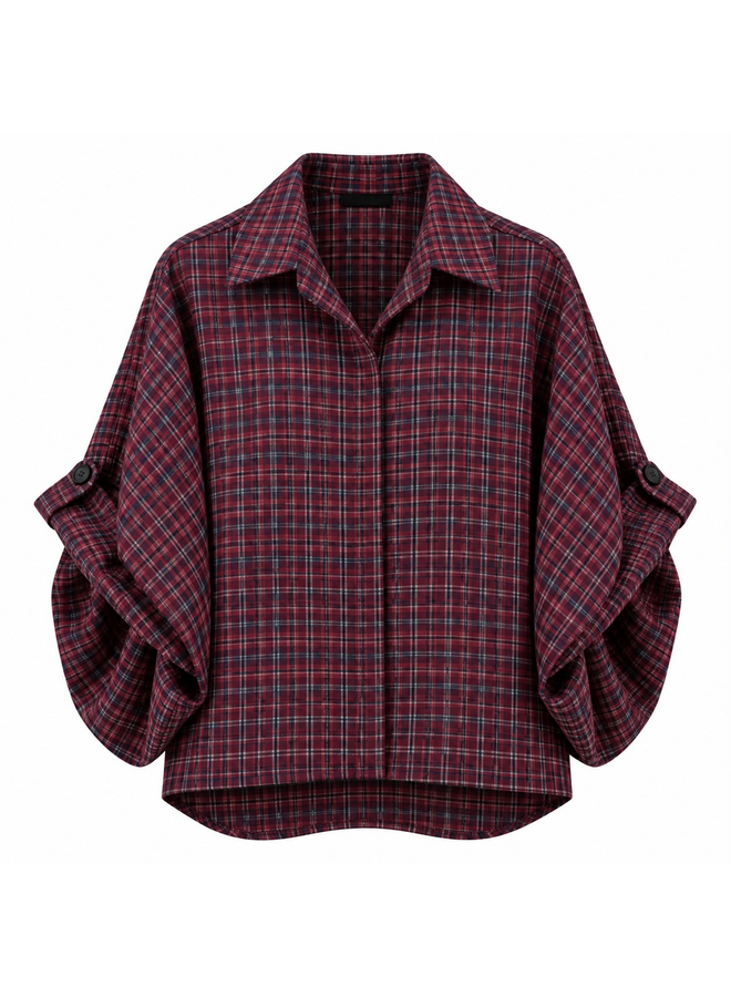 Geruite blouse met ballonmouw - bordeaux