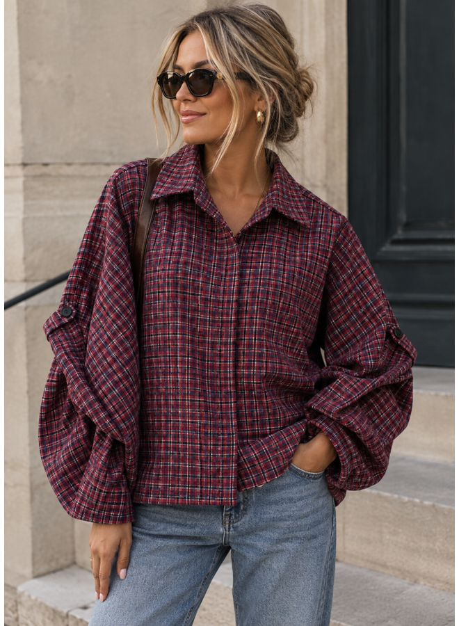 Geruite blouse met ballonmouw - bordeaux
