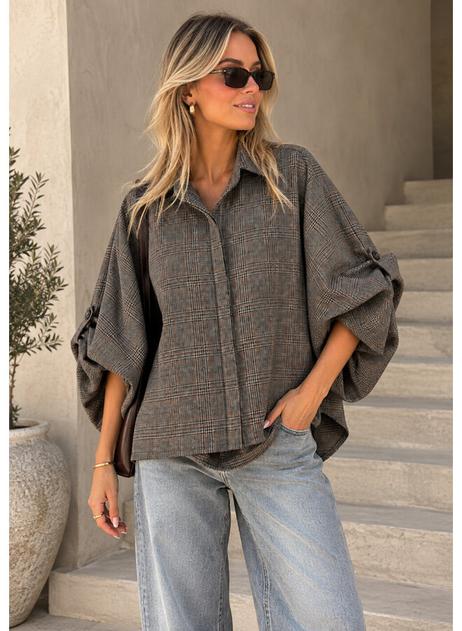 Geruite blouse met ballonmouw - bruin