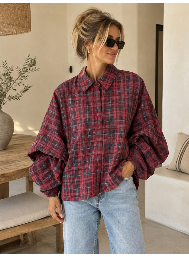 Geruite blouse met ballonmouw - bordeaux