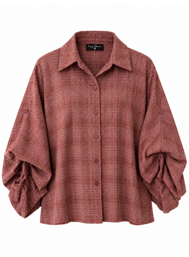 Geruite blouse met ballonmouw - bordeaux