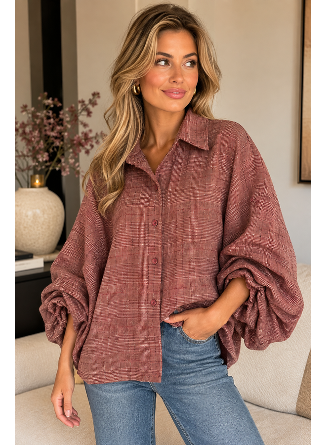 Geruite blouse met ballonmouw - bordeaux