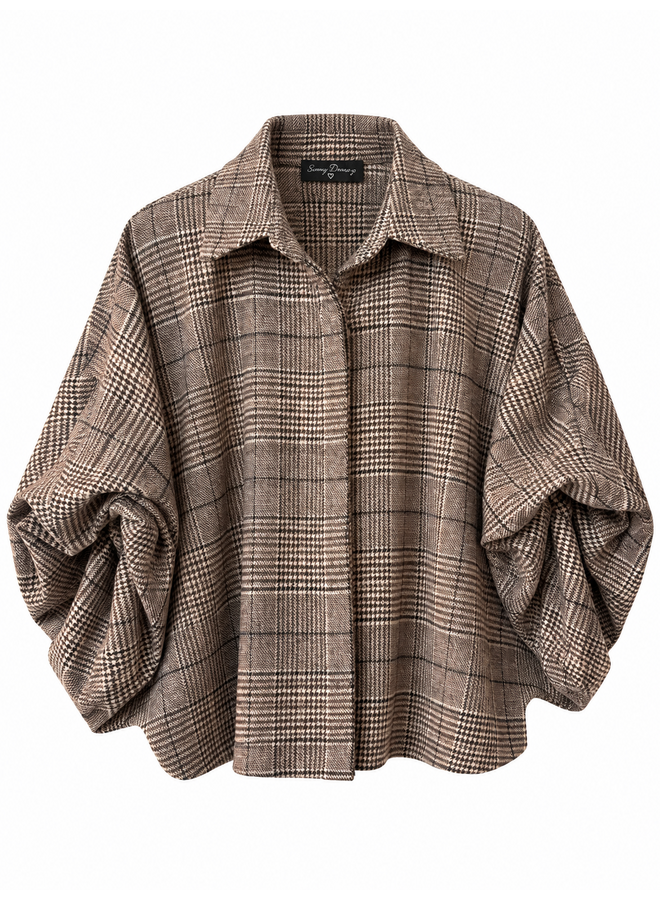 Geruite blouse met ballonmouw - bruin