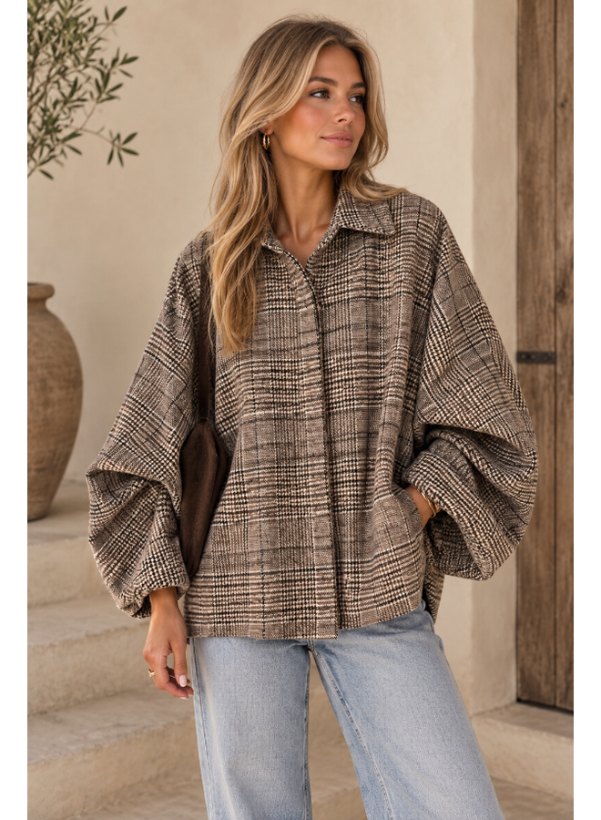 Geruite blouse met ballonmouw - bruin