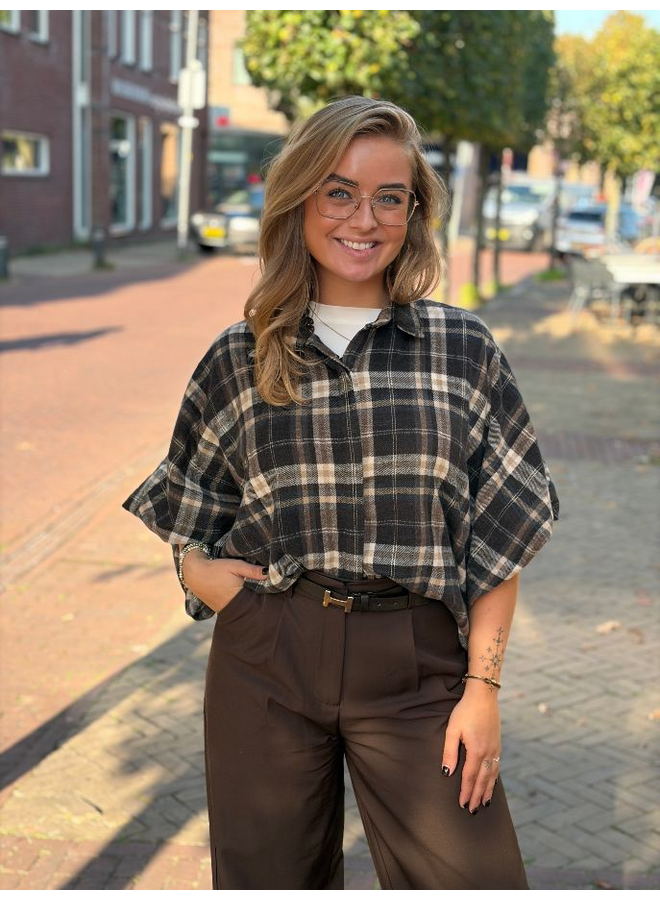 Geruite blouse met ballonmouw - bruin