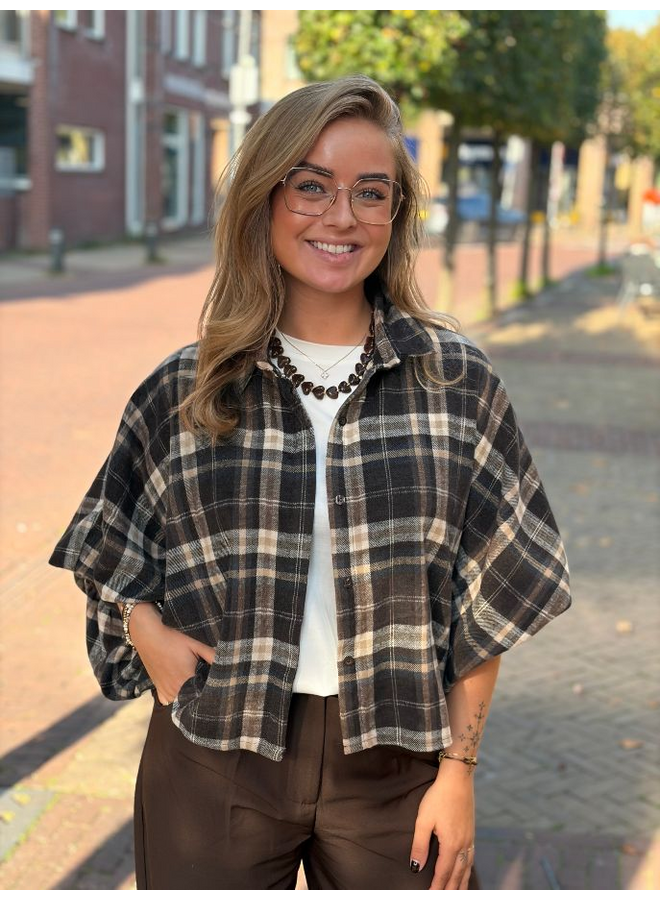 Geruite blouse met ballonmouw - bruin