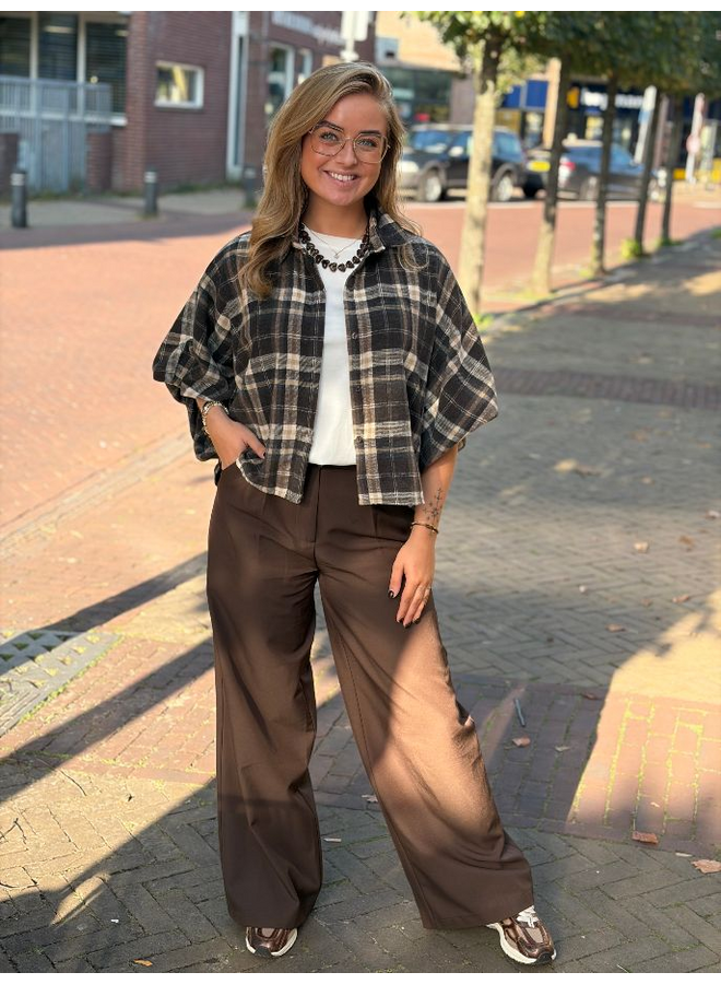Geruite blouse met ballonmouw - bruin