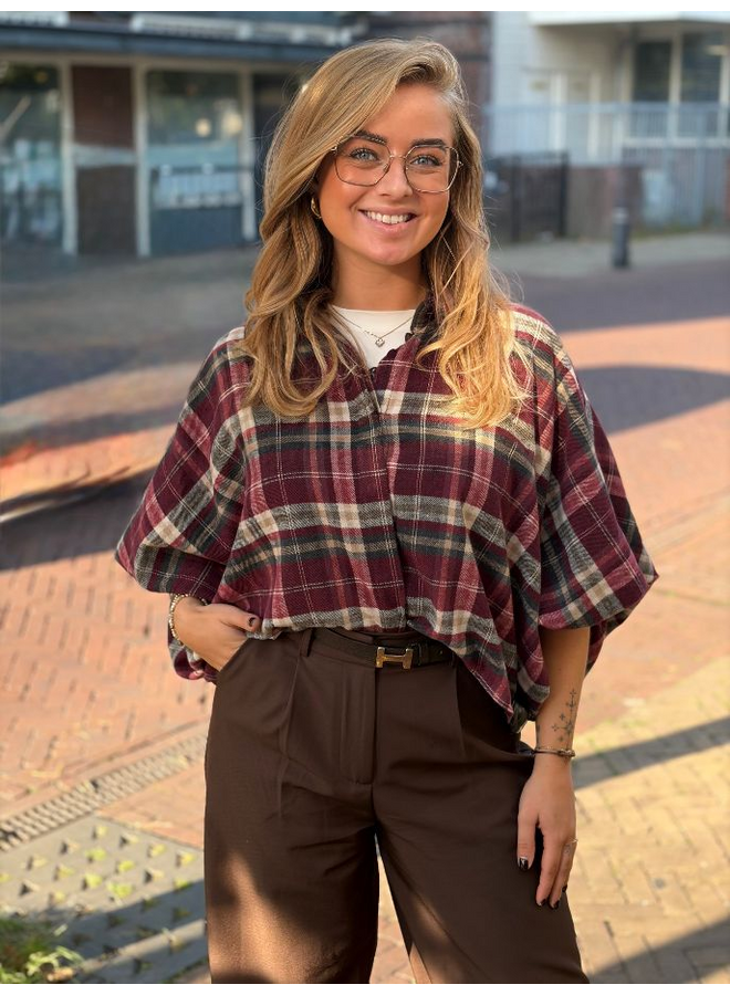 Geruite blouse met ballonmouw - bordeaux